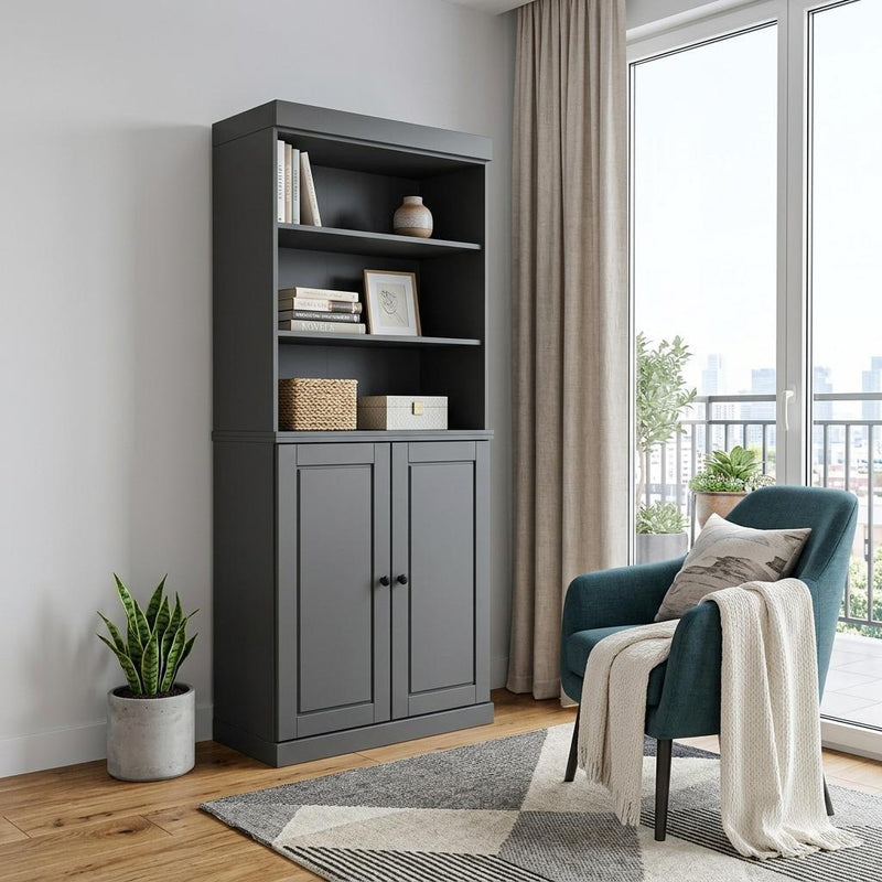 Solid Wood Adjustable Six Tier Library Bookcase With Two Doors - Gray