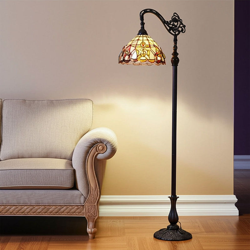 Metal Arched Floor Lamp With Amber And Red Flowers Stained Glass Shade - Brown