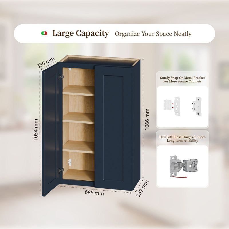 Shaker Wall Cabinet With Soft Close Hinges, Adjustable Shelves, Double Door
