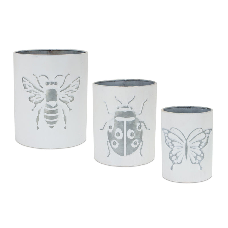 Abstract Round Pot Planters (Set of 3) - White / Gray