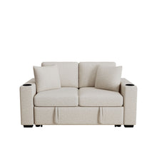 Load image into Gallery viewer, Modern 2 Seater Loveseat Sofa With Pull-Out Bed, Fabric, Built-In USB Ports &amp; Cup Holders
