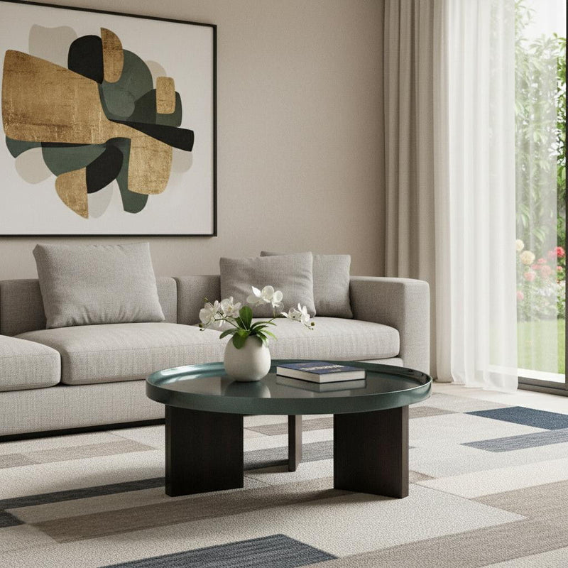 Wood Round Coffee Table - Dark Green / Oak