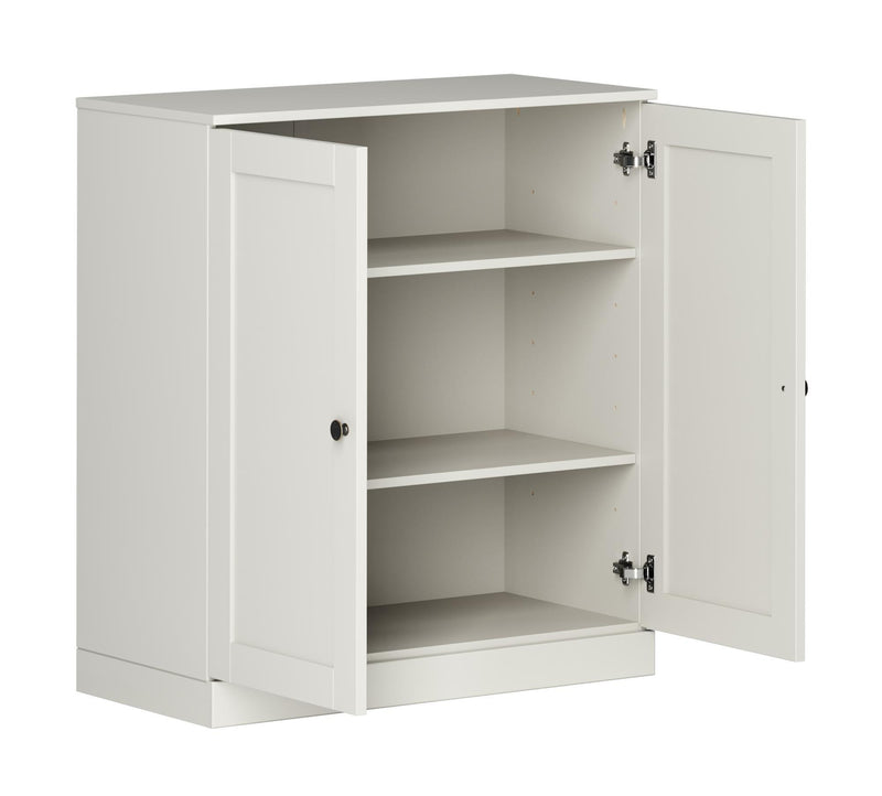 Adjustable Three Tier Library Bookcase With Two Doors - Off White