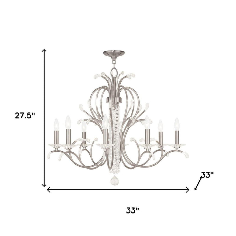 28" Eight Light Metal Dimmable Chandelier With Shades - Nickel / Clear
