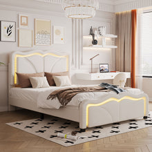 Load image into Gallery viewer, Upholstered Platform Bed &amp; Curve Shaped And Height Adjustable Headboard, LED Light Strips
