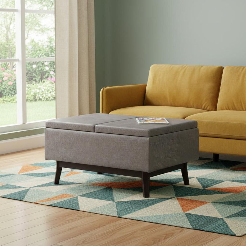 34" Leather Cocktail Ottoman With Storage - Gray / Dark Brown