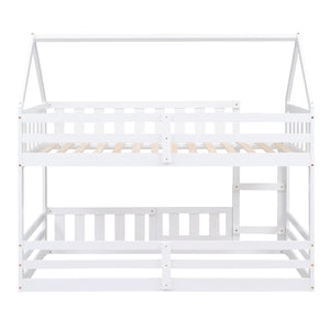 Twin over Twin House Bunk Bed with Fence and Door, White