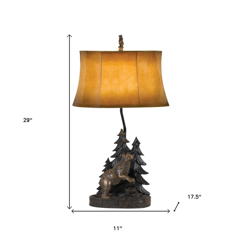 Bear in the Woods Table Lamp With Brown Bell Shade - Bronze