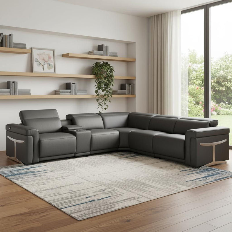Italian Leather Modular L Shaped Six Piece Corner Sectional With Console - Gray