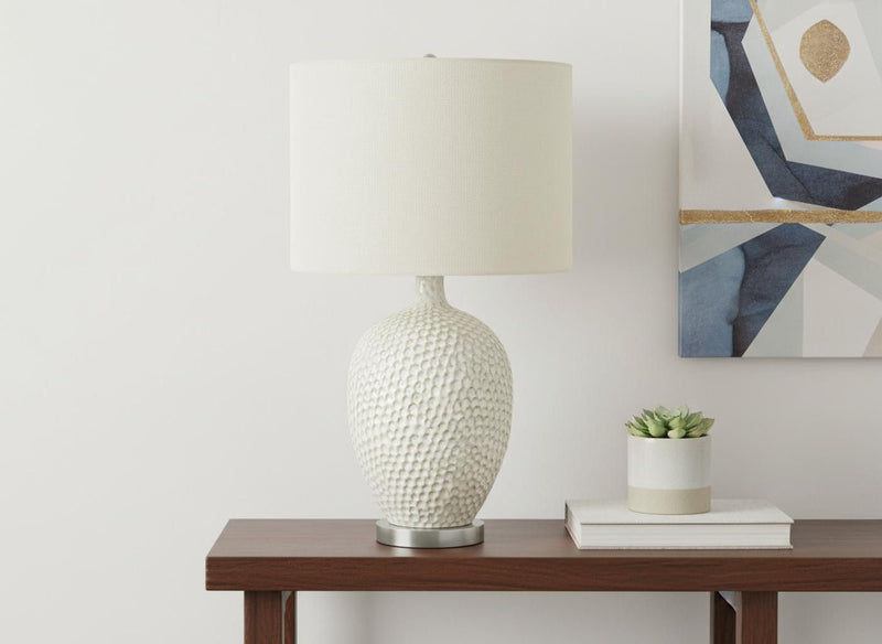 Ceramic Round Table Lamp With Cream Drum Shade - White And Silver