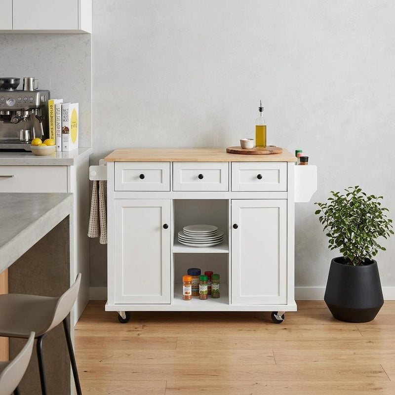 Brown And Wood Flat Door Rolling Kitchen Cart With Storage - White