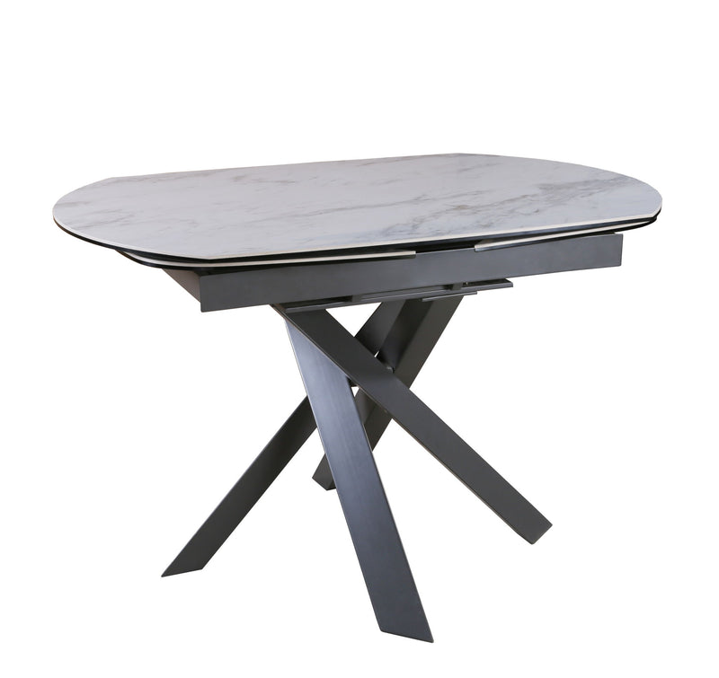 47" Ceramic And Metal Self-Storing Leaf Cross Leg Base Oval Extendable Dining Table - Gray / White