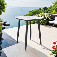 Load image into Gallery viewer, Modern Outdoor Bar Table, Rounded Square Sintered Stone Top With Umbrella Hole, Rust Free Frame, Weatherproof - Ember Black / White
