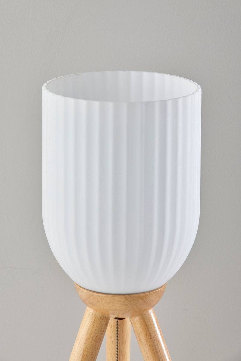 Solid Wood Tripod Table Lamp With White Ribbed Glass Shade - Natural