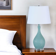 Load image into Gallery viewer, Hammered Urn Table Lamp With White Tapered Drum Shade - Aqua
