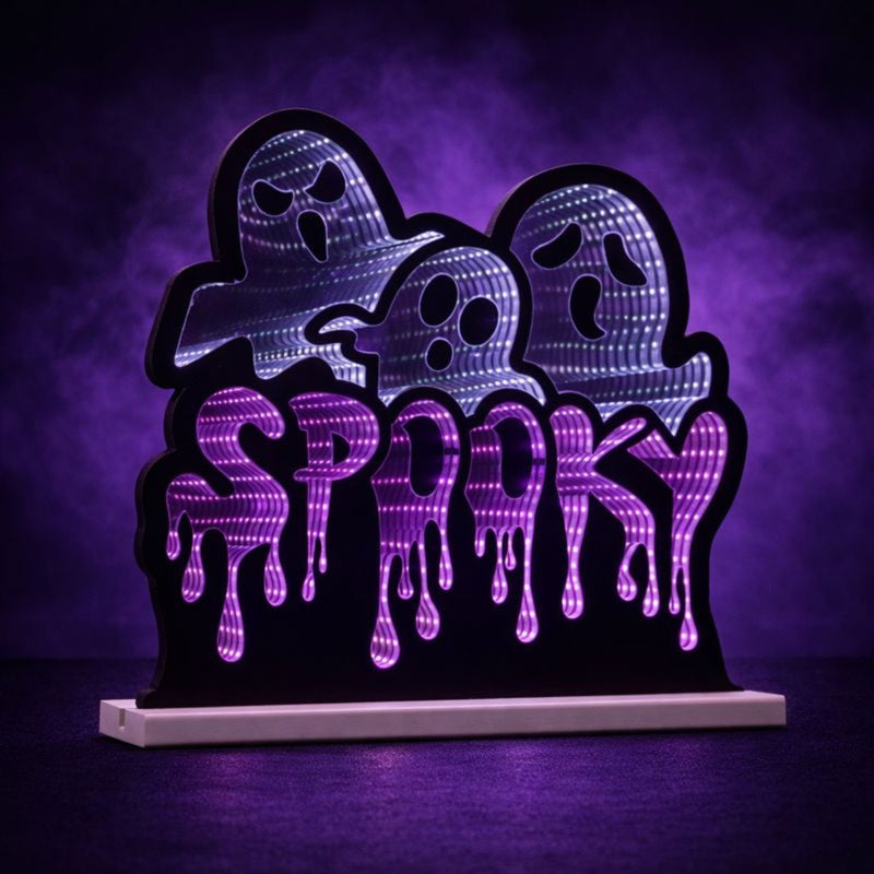 Halloween Ghost Tabletop Sign With LED (633945) - White / Black / Purple