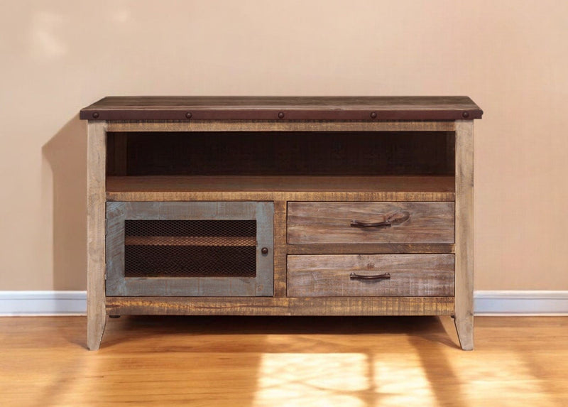 Wood Cabinet Enclosed Storage Distressed TV Stand - Brown