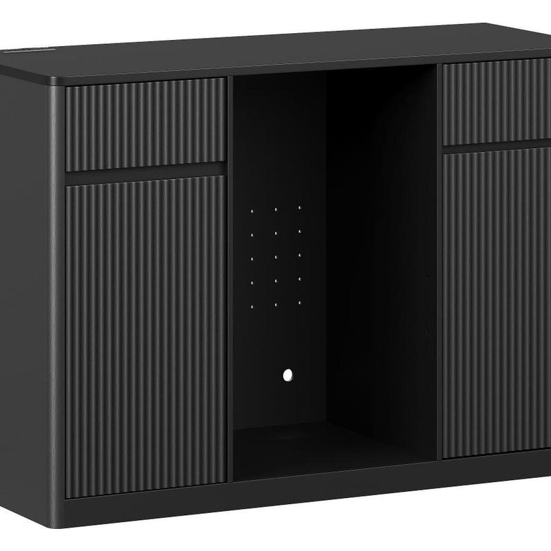 Wood Ribbed Textured Bar Cabinet With Mini Fridge Compartment And USB - Black