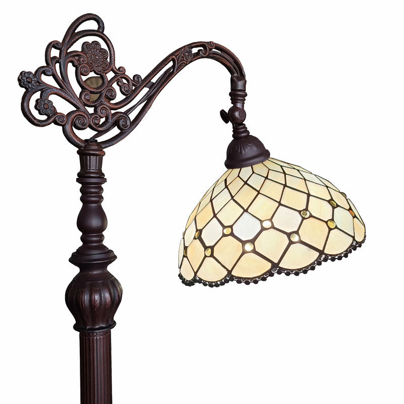 Traditional Shaped Floor Lamp With Stained Glass Bowl Shade - Brown / White