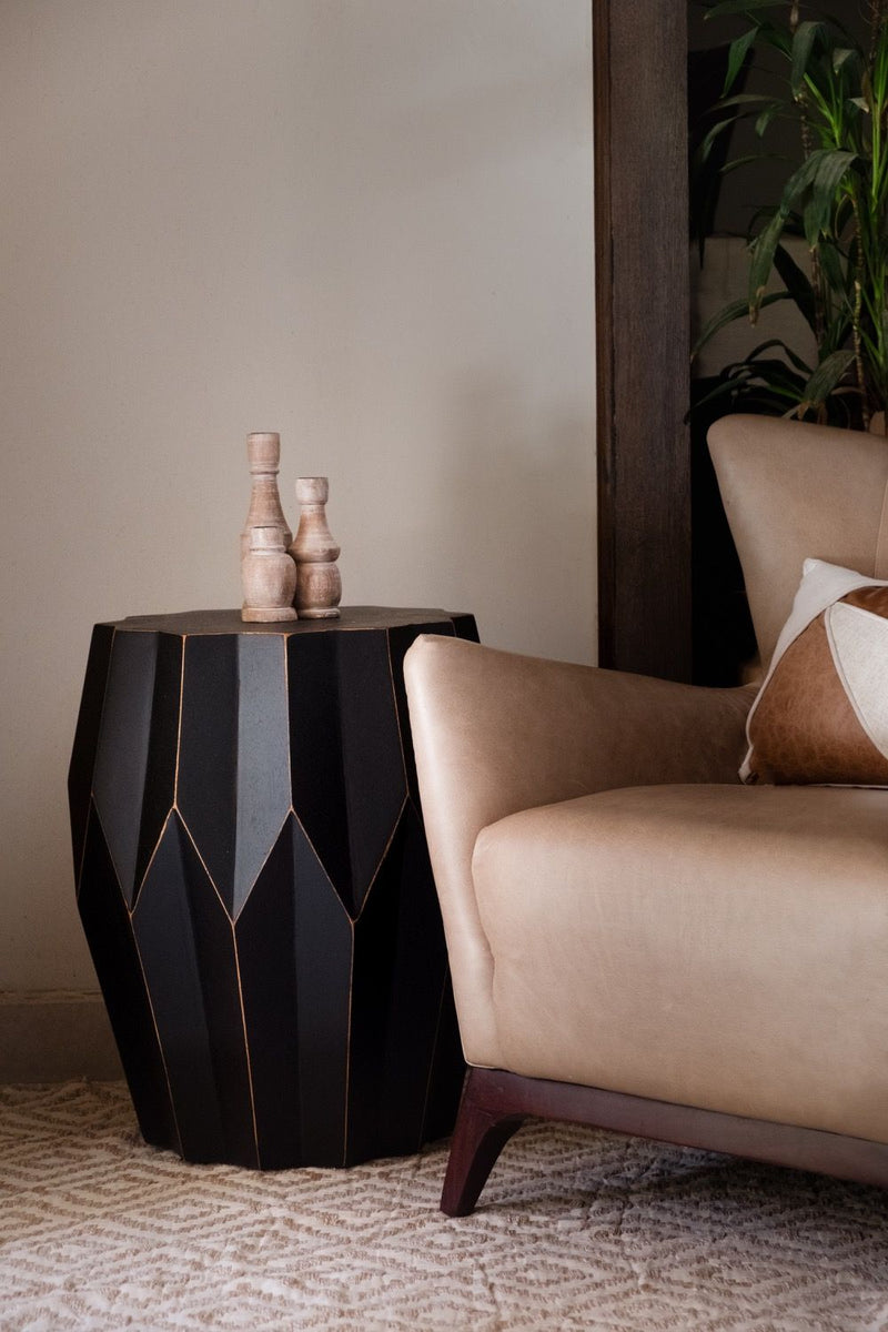 Solid Wood Round Drum End Table - Black