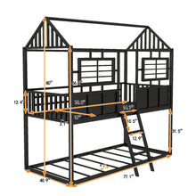 Load image into Gallery viewer, Twin over Twin Size Metal Low Bunk Beds with Roof and Fence-shaped Guardrail, Black
