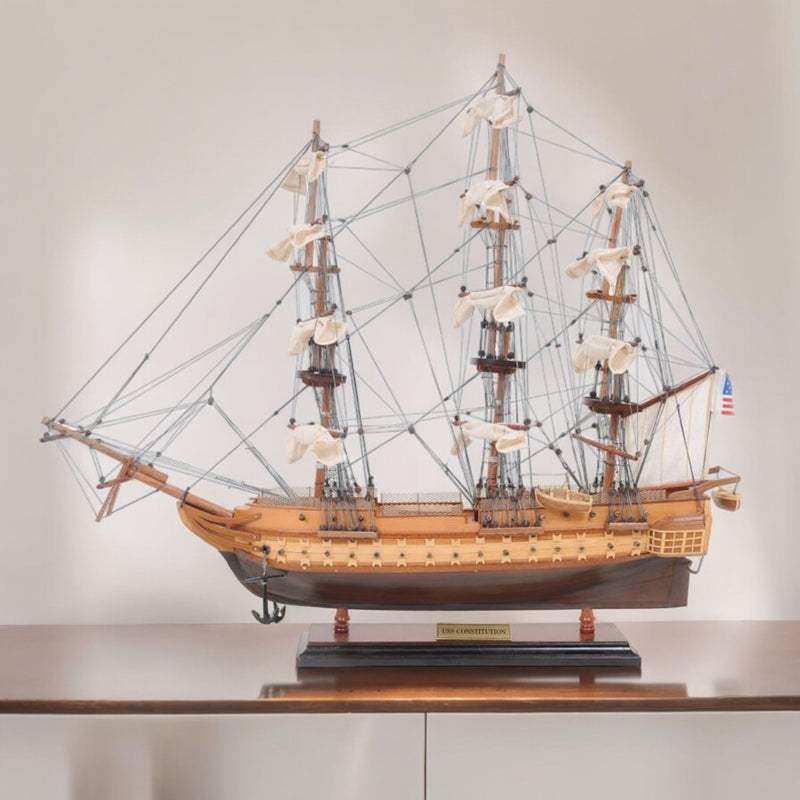Hand Painted 1797 USS Constitution Small Model Boat - Brown