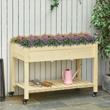 Load image into Gallery viewer, Outsunny - Raised Garden Bed, 47" x 22" x 33", Elevated Wooden Planter Box With Lockable Wheels, Storage Shelf, And Bed Liner For Backyard, Patio - Natural
