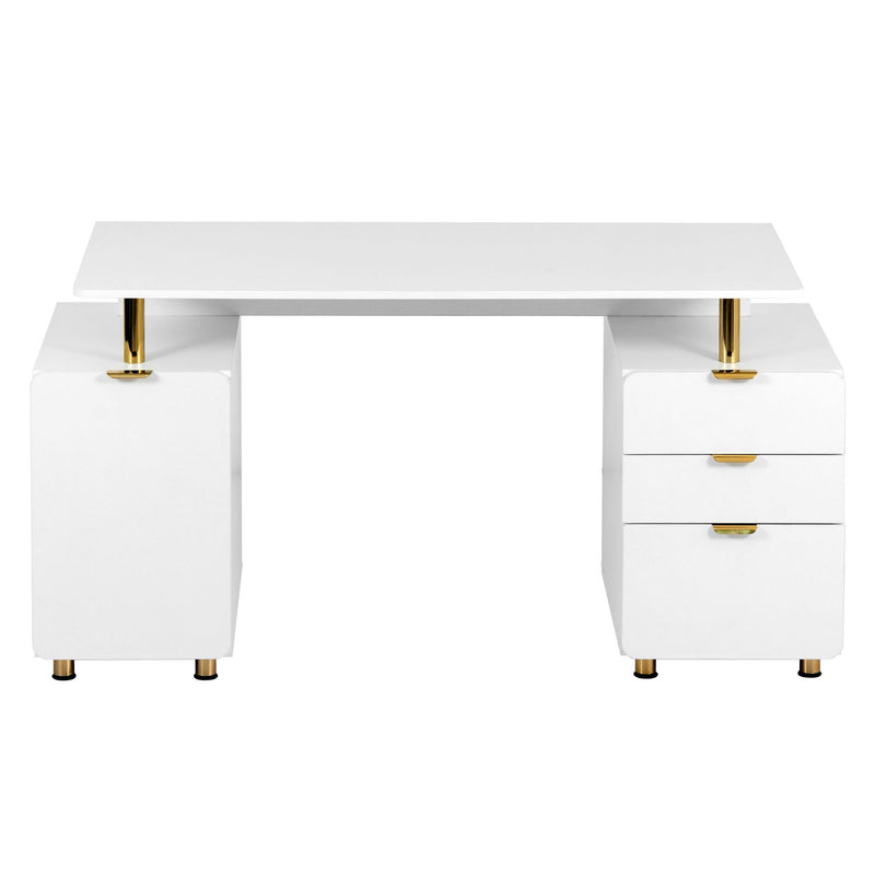 Stainless Pedestal Executive Desk With Three Drawers - White / Gold