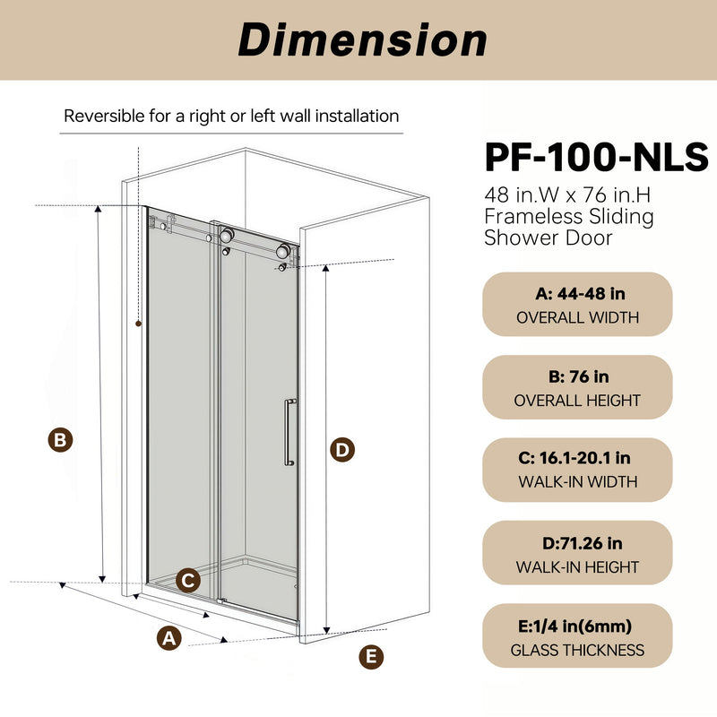 Frameless Single Sliding Shower Door & Handle And Square Tube Track