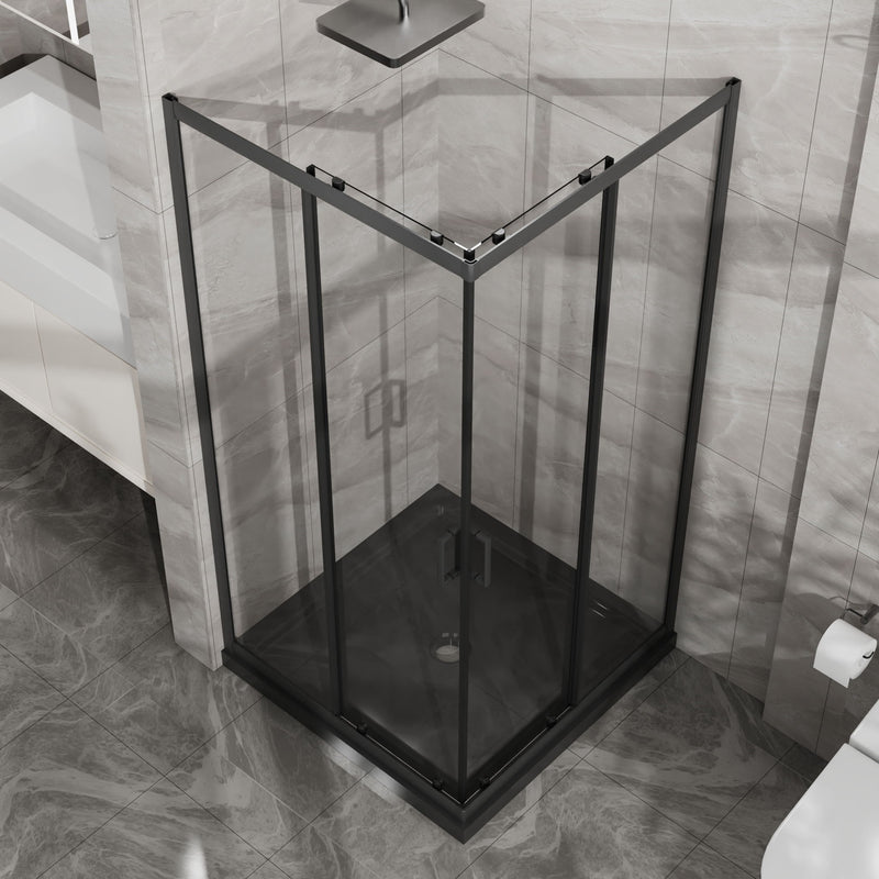 Corner Shower Enclosure, Double Sliding Door With Shower Base - Matte Black