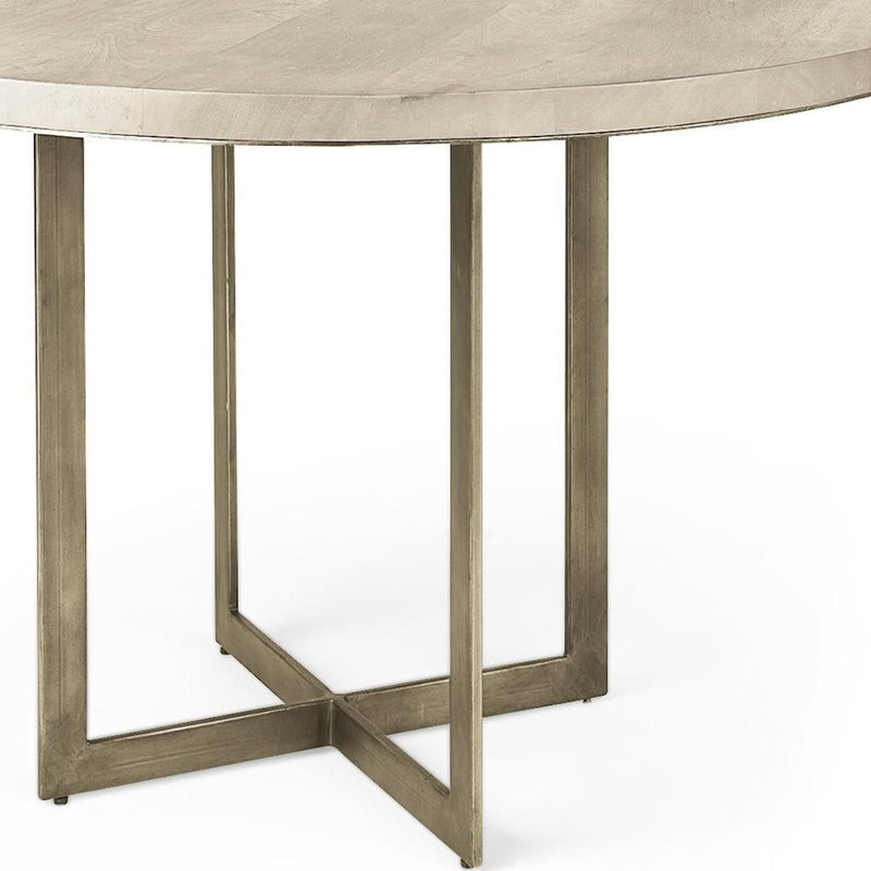 Solid Wood Iron Trestle Base Round Top Dining Table - Beige / Gold