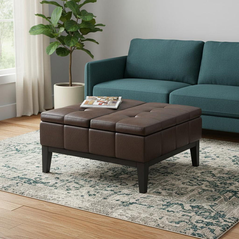 Leather Cocktail Ottoman With Storage - Brown