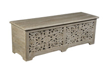 Load image into Gallery viewer, 52" Distressed Solid Wood Carved Floral Storage Ottoman - Gray
