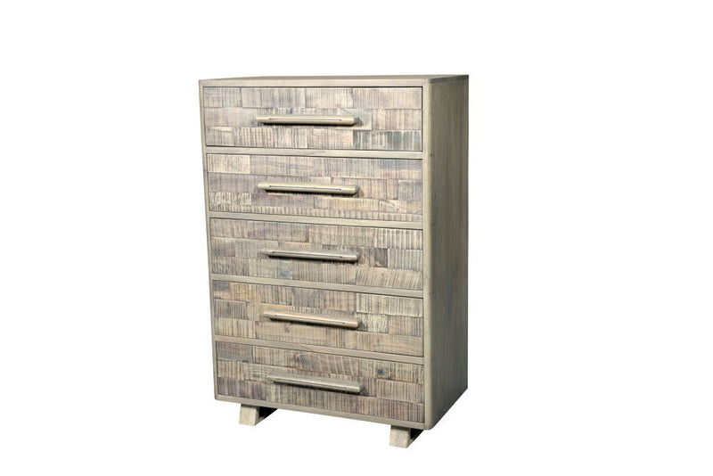 35" Carved Geometric Solid Wood Five Drawer Dresser - White