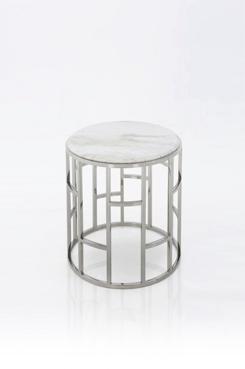 Stylish Marble Round Geometric End Or Side Table - Silver And White