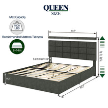 Load image into Gallery viewer, Vera Queen Size Gray Linen Upholstered Platform Bed with Patented 4 Drawers Storage, Square Stitched Button Tufted Headboard, Wooden Slat Mattress Support No Box Spring Required
