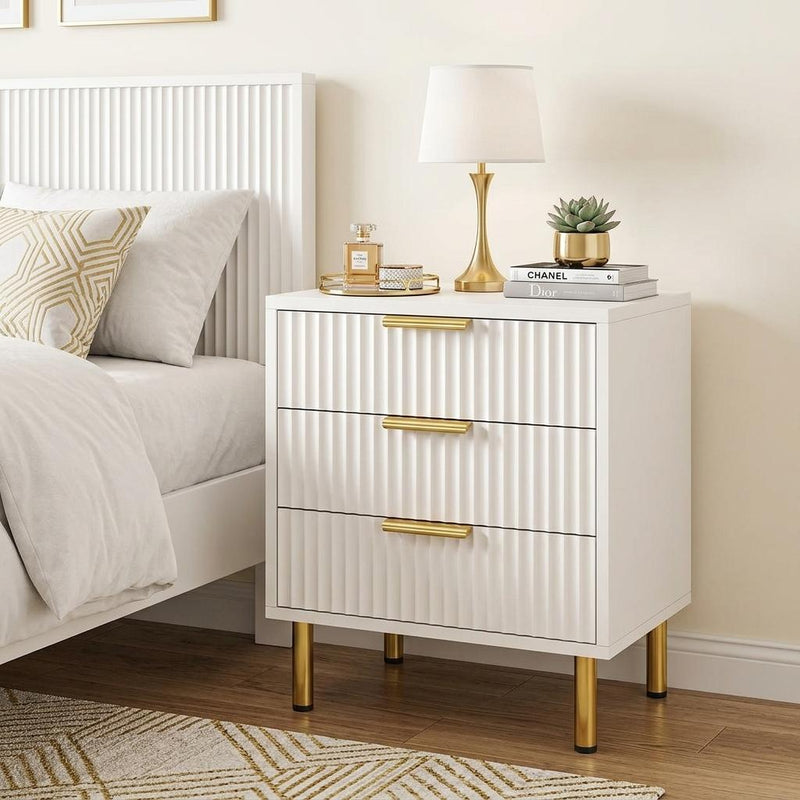 Wood Ribbed Texture Three Drawer Nightstand - White