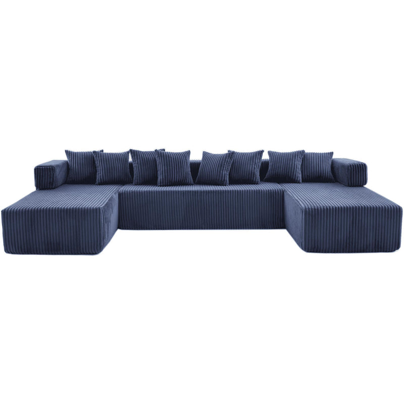Corduroy Modular U Shaped Three Piece Corner Sectional With Console And Toss Pillows (762857) - Blue