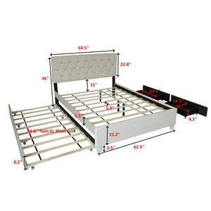 BEIGE QUEEN SIZE TRUNDLE PULL OUT DRAWERS STORAGE UPHOLSTERED BED MODERN DESIGN NO BOX SPRING REQUIRED