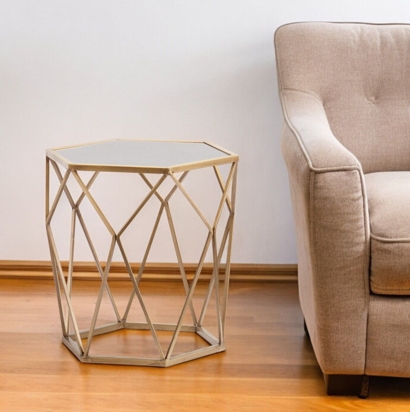 Reflective Glass Hexagon Mirrored End Table - Gold