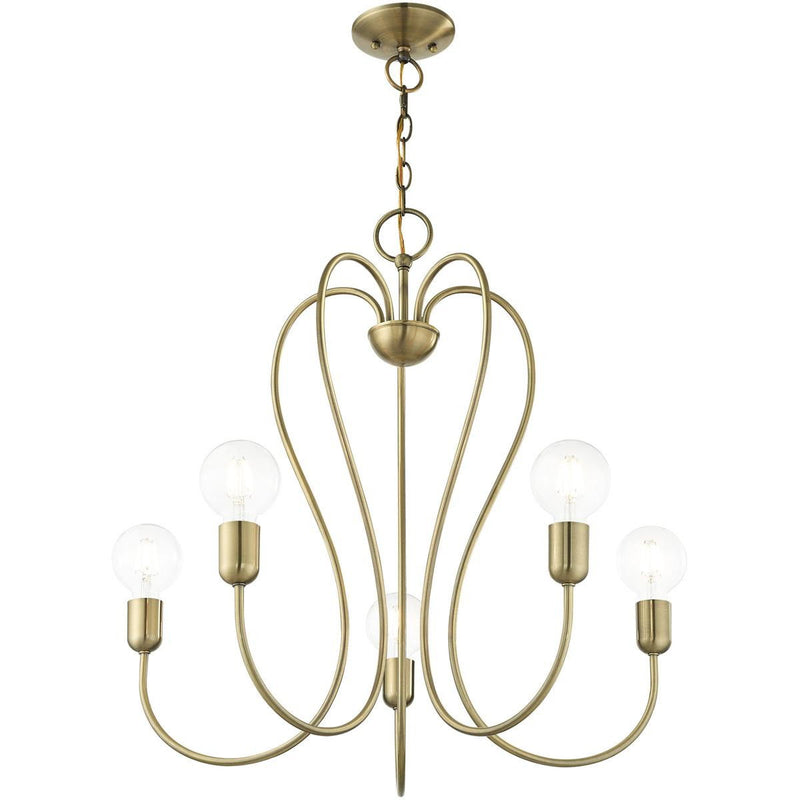 25" Five Light Dimmable Chandelier With Shades - Antiqued Brass