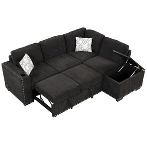 83.8" Sectional Pull-Out Sofa Bed L-Shaped Corner Sofa Couch with Storage Chaise, USB Ports, Power Sockets, Cup Holder for Living Room, Bedroom, Study, Black