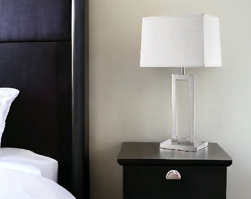 Metal Table Lamp With White Rectangular Shade - Silver