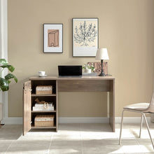 Load image into Gallery viewer, Home Office Desk Hazelnut One Cabinet Three Shelves Faux Barn Door On Metal Euro Hinges Modesty Panel - Light Brown
