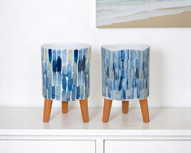 Round Raised Pot Planters (Set of 2) - Blue / Terra Cotta / White