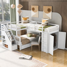 Load image into Gallery viewer, Twin-Twin over Full L-Shaped Bunk Bed With 3 Drawers, Portable Desk and Wardrobe, White
