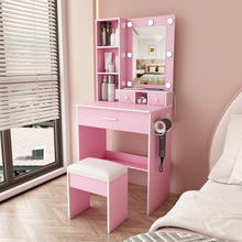 Load image into Gallery viewer, Vanity Table With Mirror, Adjustable LED Lights, Power Outlet, Hairdryer Holder &amp; Stool

