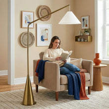 Load image into Gallery viewer, Lisbon - Floor Lamp With On / Off Switch Coned Base Hanging Shade - Antique Brass / White
