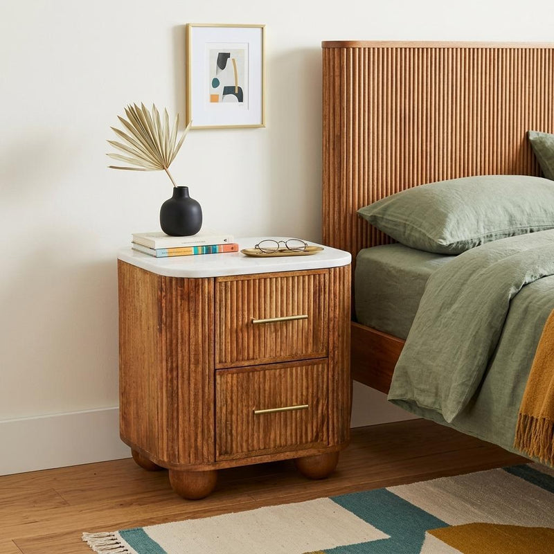 Solid Wood And Marble Ribbed Texture Two Drawer Nightstand - Brown