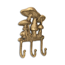 Load image into Gallery viewer, 5" Cast Iron Mushroom Three Hook Wall Mount Coat Rack - Antiqued Gold
